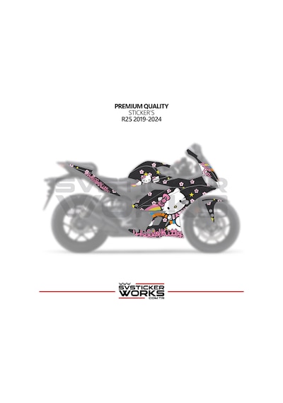 Yamaha R25 Hello Kitty Kaplama Sticker Motor Kaplama Modeli Hazır Kit 2019 / 2024 Uyumlu Siyah