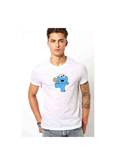 Kurabiye Canavarı Elmo Küçük Baskılı Beyaz Erkek Tshirt
