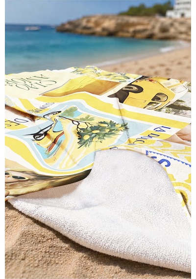 Limon Temalı Amalfi Akdeniz Plaj Havlusu-italyan Yaz Kolaj Sarı Mavi Hızlı Kuruyan Mikrofiber Havlu Çok Renkli