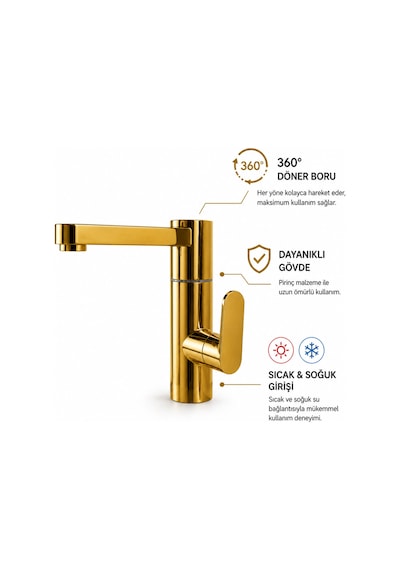 Lüx Premium Gold Silva 360 Oynar Borulu Lavabo Bataryası Özel Seri Modern Batarya Altın