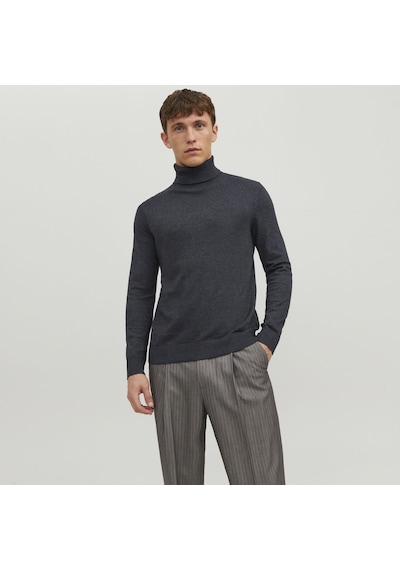 Jack & Jones Düz Renk Balıkçı Yaka Triko-Emil 12157417 Dark Grey Melange Koyu Gri Melanj