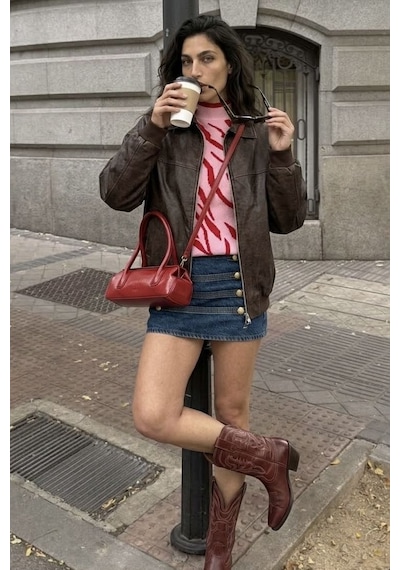 Neden Tekstil Kadın Premium Dik Yaka Zebra Desenli Triko Kazak - Pembe-kırmızı