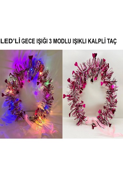 Mey İthalat Kalp Püsküllü Gece Parıltısı 3 Modlu Led'li Işıklı Taç Fuşya Renk