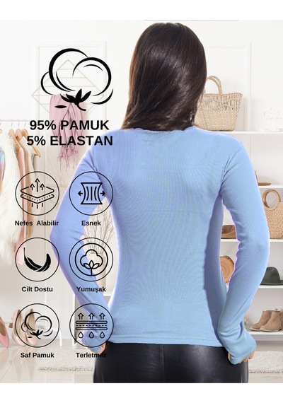 Alya Underwear Kaşkorse Tam Boğazlı Body Sweatshirt, Fitilli Kumaş, Likralı, Gül Kurusu Gök Mavi