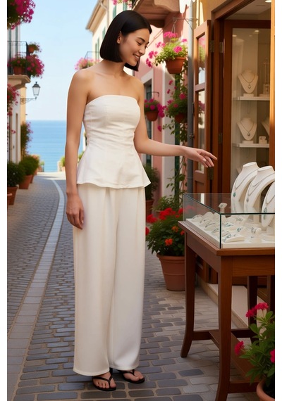 Benerly Kadın Straplez Kolsuz Fitted Bluz Pantolon Takımı Keten Karışımlı Beyaz