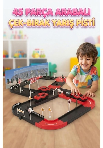 45 Parça 2 Taşıtlı Çek-bırak Fırlatıcılı Eğlenceli Yol Seti Dıy Oyuncak Turbo Yarış Pisti 1