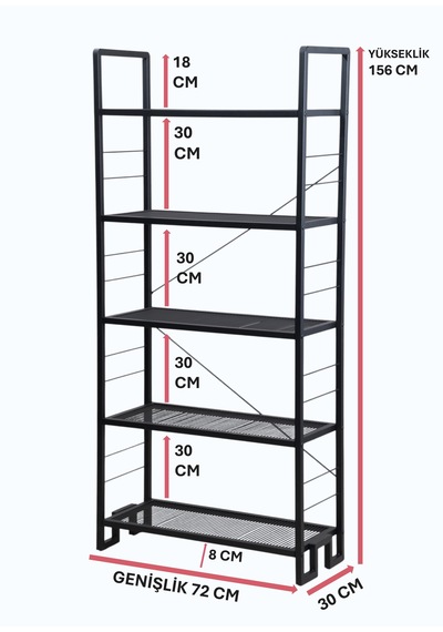 Dekoratif Siyah Metal Kitaplık 5 Raflı Çok Amaçlı Stand Salon Ve Çalışma Odası Düzenleyici Siyah
