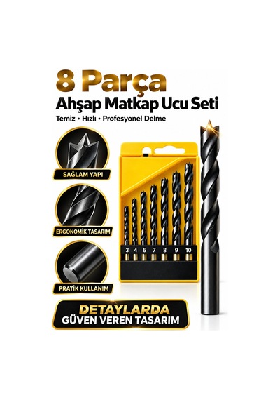 8 Parça Ahşap Matkap Ucu Seti 3-10 Mm Delme Uçları