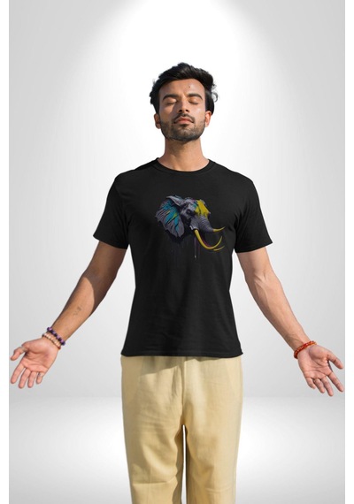 Renkli Fil Kafası Unisex Unisex Siyah Organik Baskılı T-shirt Penye Yüksek Kalite Siyah