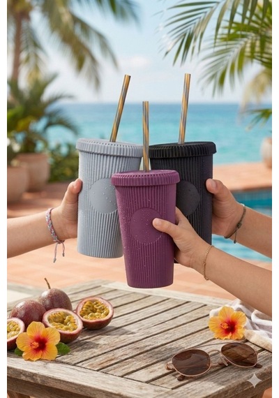 3 Adet Pipetli Kapaklı Opak Bardak 660 Ml, Smoothie Meşrubat İçecek Bardağı Mor-gri-siyah 3 Lü Set Renkli
