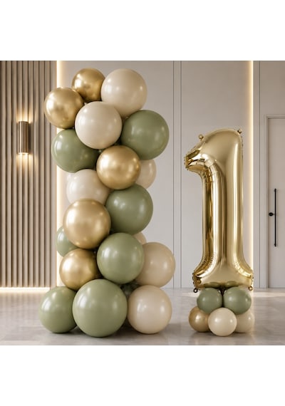 0 Yaş Gold Retro Doğum Günü Seti Küf Yeşili Kum Beji Gold Balonlar Gold Folyo Rakam Parti Süsleme Altın