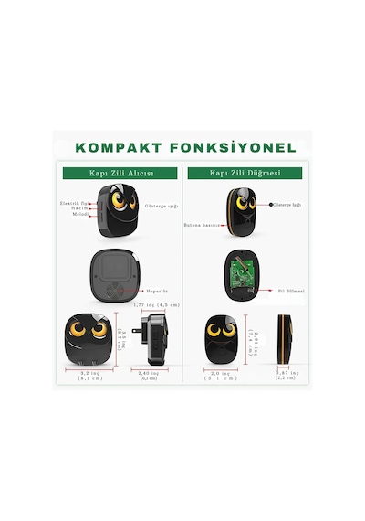 Techtic 1buton 1alıcı Kablosuz Kapı Zili Yaratıcı Baykuş Şekilli
