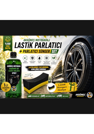 Akgüneş Motogaraj 1 Lt Lastik Parlatıcı + Lastik Parlatma Süngeri Seti Derin Parlaklık Ve Uzun Süreli Koruma