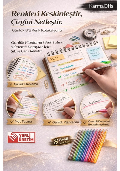 8 Farklı Renk 0.7mm Uçlu Tükenmez Kalem Seti 3 Lü Paket 24 Kalem 0.7 Mm Yerli Üretim Çok Renkli3
