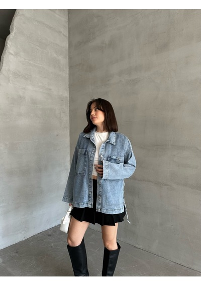Esra Butik78 Açık Mavi Yıkamalı Oversize Kot Ceket Çift Cepli Salaş Denim Ceket