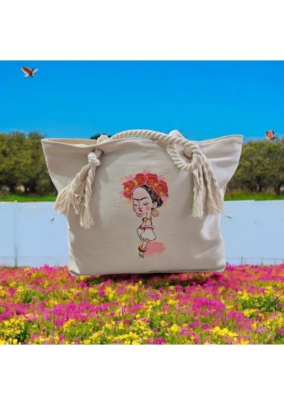 Shules Collection Bır Kadın Nakışlı Bez Çanta Naturel Ten