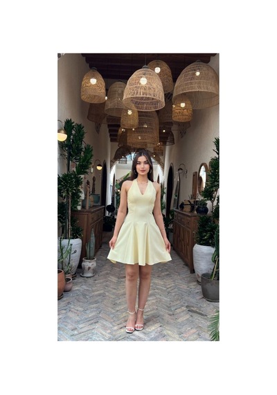Moda Banuş V Yaka Sarı Slim Fit Mini Elbise-dar Kalıp