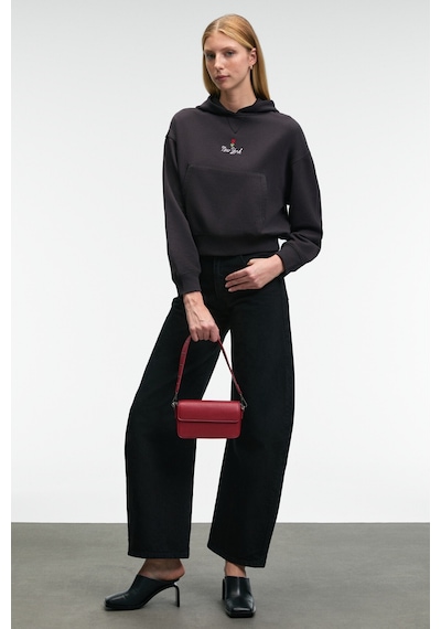 Grimelange ISADORA Kadın Kapüşonlu Nakış Detaylı Regular Fit Crop Antrasit Sweatshirt