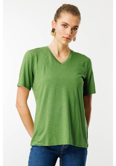 Kadın V Yaka Flamlı Kumaş Basic Tshirt A.yeşil Yeşil Kadın V Yaka Flamlı Kumaş Basic Tshirt A.yeşil Yeşil