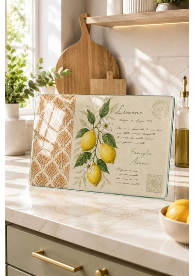 Luminaglass Cam Kesme Tahtası Limon Temalı - Cam Kesme Tablası 30cm X 40cm Bej