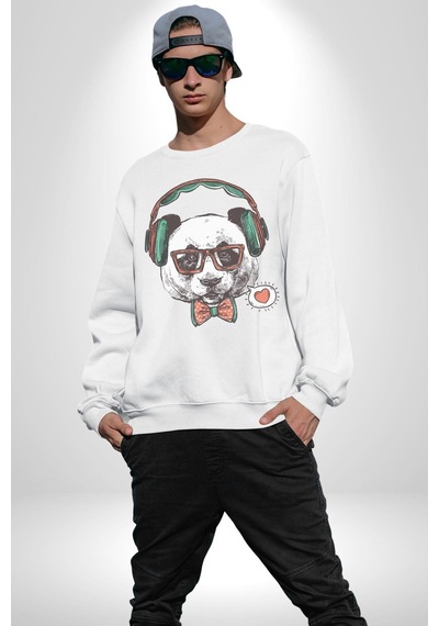 Kulaklıklı Hipster Portre Panda Unisex Beyaz Baskılı Sweatshirt Beyaz