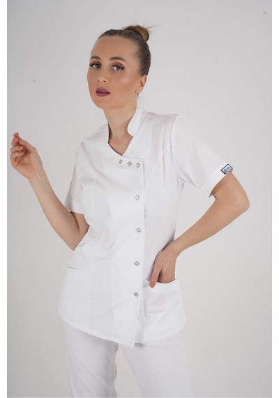 Aylu Model Soft Likra Beyaz Doktor Hemşire Hastane Scrubs Üniforma Takımı Beyaz Beyaz