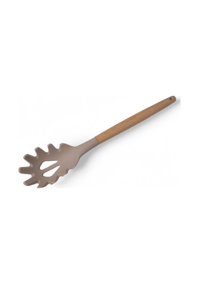 Bambu Saplı Silikon Makarna Servis Kaşığı Isıya Dayanıklı, Yapışmaz, 3 Renk Seçenekli, 27cm Uzun Saplı Makarna Kaşığı Bej