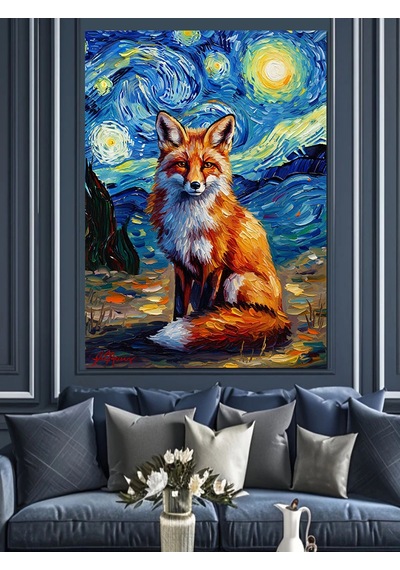 Ahşap Tablo Van Gogh Tarzında Tilki Portresi