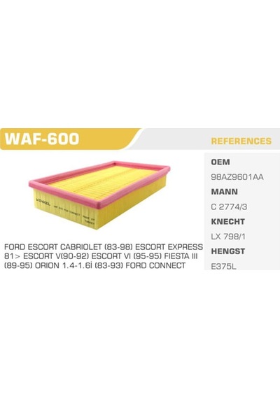 WINKEL WAF-600 Hava Filtresi Focus 98-04 Tourneo Connect 02- Transit Connect 02- 1.4 16V 1.6 16V 1.8 TDCI 1.8 16V 2.0