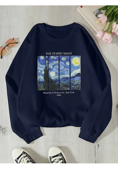 Uyguntarz Unisex The Starry Night Baskılı Oversize Sweatshirt Lacivert