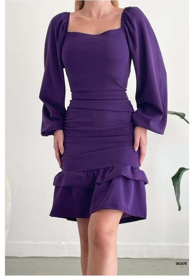 Lior Design Kadın Sade Kare Yaka Büzgülü Uzun Kollu Abiye Elbise Mor