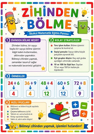Zihinden Bölme İlkokul Matematik Eğitim Afişi 50x70 Cm Tüm Yaşlar