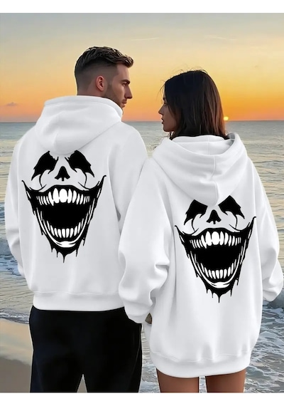 Nevermind Sevgili Kombini Oversize Hoodie Korku Gülüşü Baskılı 3 İplik Un Beyaz