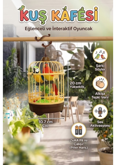 Sese Duyarlı Şarkı Söyleyen İnteraktif Kuş Kafesi Oyuncak - Pilli Ve Hareketli 2 Li Kuş Seti
