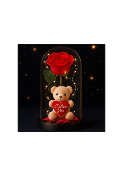 Led Işıklı Fanusta Yapay Gül Ve Lüks Peluş Ayıcık Dekoratif Romantik Sevgililer Günü Hediyesi 20 Cm Hediyelik Eşya
