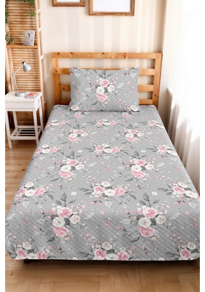 Gri Çiçekli Genç Odası Tek Kişilik Pike Takımı - Pembe Modern Gül 160x220 Cm Kapitone Yatak Örtüsü Hafif Defne Kırıntısı