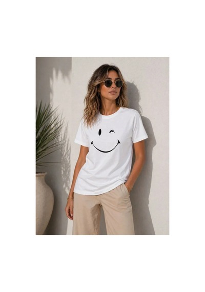 Butik İstanbul Minimal Gülümseyen Yüz Baskılı Tişört Kısa Kol Yazlık T-shirt - Beyaz