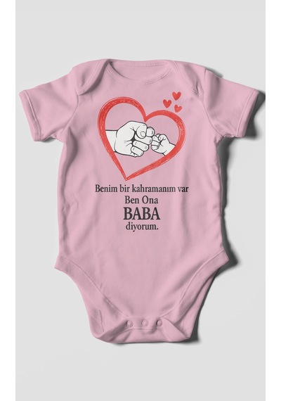 Benim Bir Kahramanım Varc Ben Ona Baba Diyorum Baskılı Bebek Zıbını Çıtçıtlı Body Kısa Kol Koyu Pembe