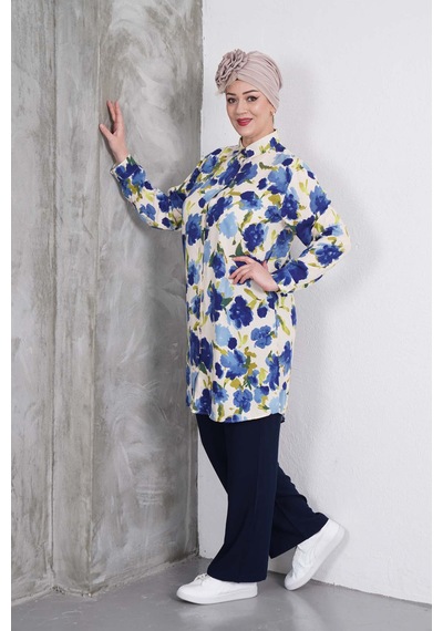 Polologin Butik Mavi Yeşil Desenli Tunik Pantolon Takım Mavi & Yeşil & Lacivert