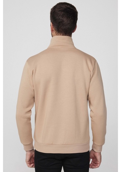 Tudors Pamuklu Dik Yaka Fermuarlı Taş Unisex Sweatshirt-29415-taş Taş