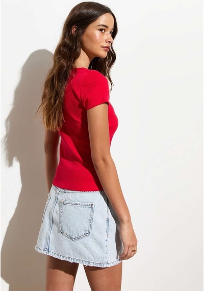 Rooted Kadın Kare Yaka T-shirt & Bluz , Likralı Fitilli Kaşkorse Kumaş Kırmızı