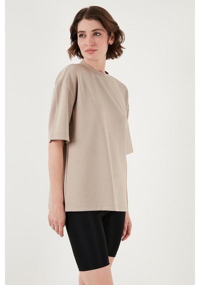 Lela Streç Oversize Fit Bisiklet Yaka Bayan T Shirt 5865911 Taş