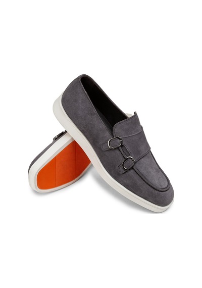 Deery Hakiki Süet Gri Çift Tokalı Erkek Loafer Ayakkabı - 01966mgrıc01 Gri