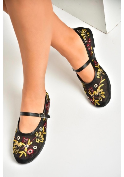 Fox Shoes U267853215 Siyah File Çiçek Motifli Kadın Babet Siyah-file Siyah
