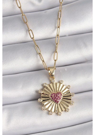 316l Çelik Gold Renk Pembe Zirkon Taşlı İşleme Madalyon Model Kadın Kolye