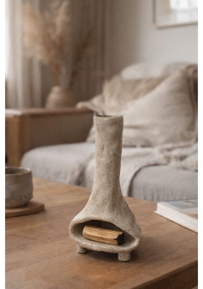 El Yapımı Stoneware Seramik Buhurdanlık Ve Tütsülüğü Doğal Form Palo Santo & Mum Cogo Seramik