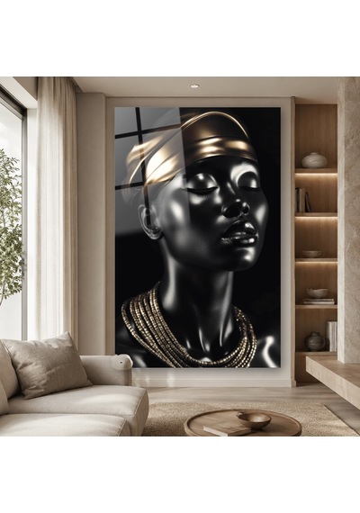 Altın Türbanlı Siyah Kadın Çerçevesiz Cam Tablo