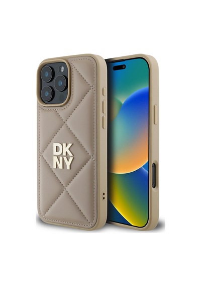 Apple Uyumlu iPhone 16 Pro Kılıf Dkny  Lisanslı Kapitone Tasarımlı Metal Logolu Deri Kapak Bej