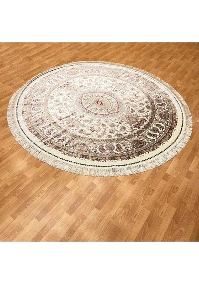 Çiçek Motifli 250 X 250 Yuvarlak İpek Halı Bej