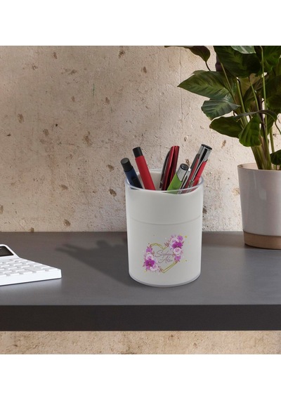 Bk Gift Kişiye Özel Çiçek Tasarımlı Beyaz Akrilik Kalemlik - Model 3
